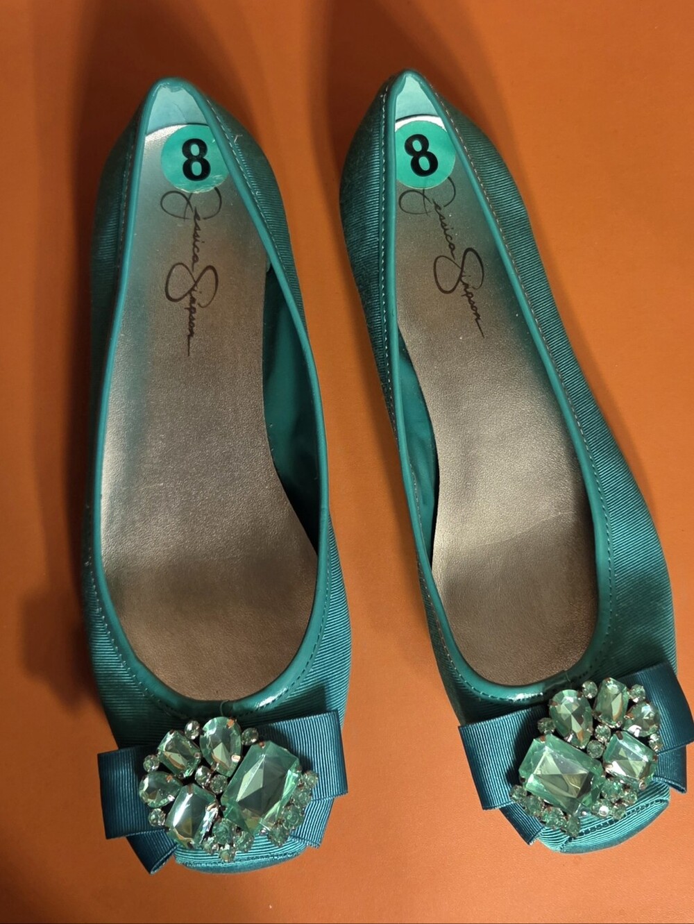 Jessica Simpson Teal Green Jeweled Bow Flat Shoes Womens Size 8 M
